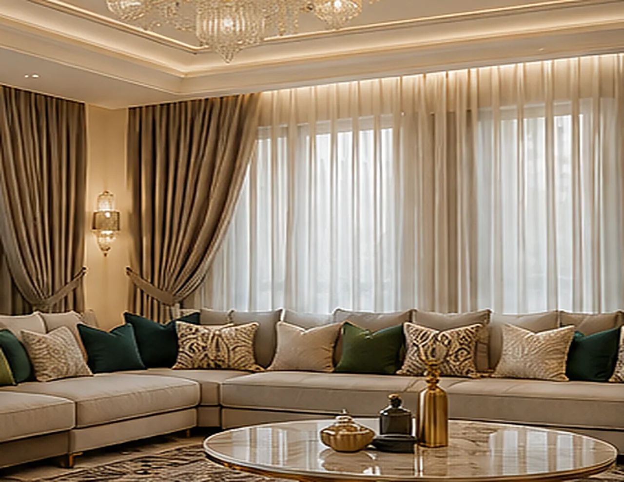 تصميم توضيحي لستائر وكنب غرفة معيشة